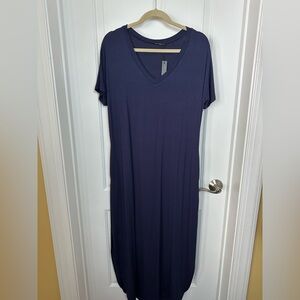 Huskary Navy Maxi T Shirt Dress Jersey Short Sleeve V Neck Slit Womens Large New